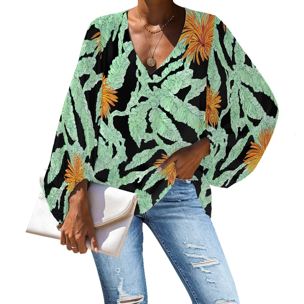 Tropical Banana Leaf and Orange Flower V-Neck Chiffon Puff Sleeve Blouse by Luxtrini 4XL
