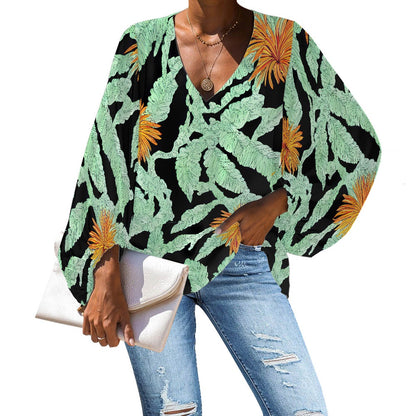 Tropical Banana Leaf and Orange Flower V-Neck Chiffon Puff Sleeve Blouse by Luxtrini 4XL