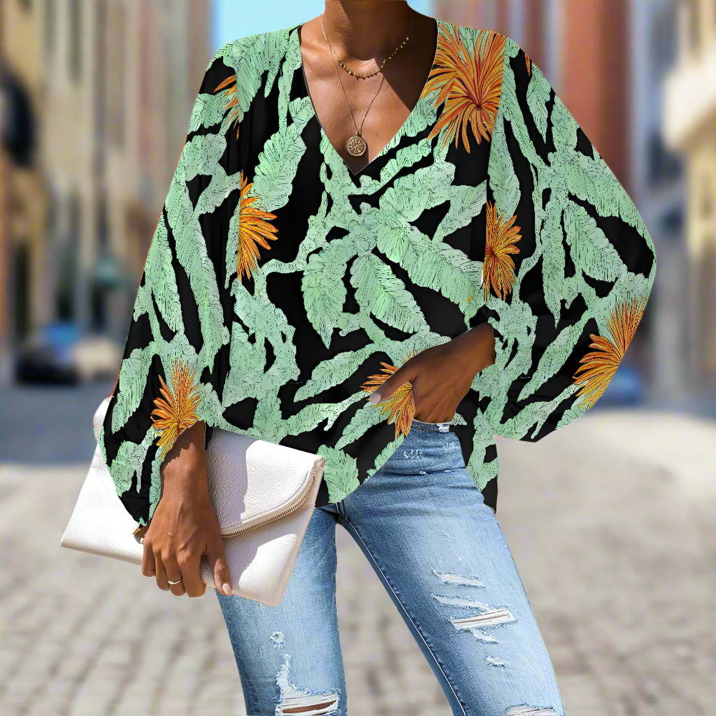 Tropical Banana Leaf and Orange Flower V-Neck Chiffon Puff Sleeve Blouse by Luxtrini