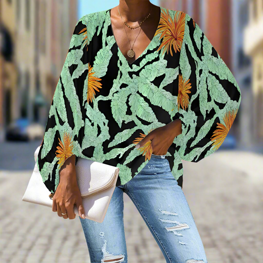Tropical Banana Leaf and Orange Flower V-Neck Chiffon Puff Sleeve Blouse by Luxtrini
