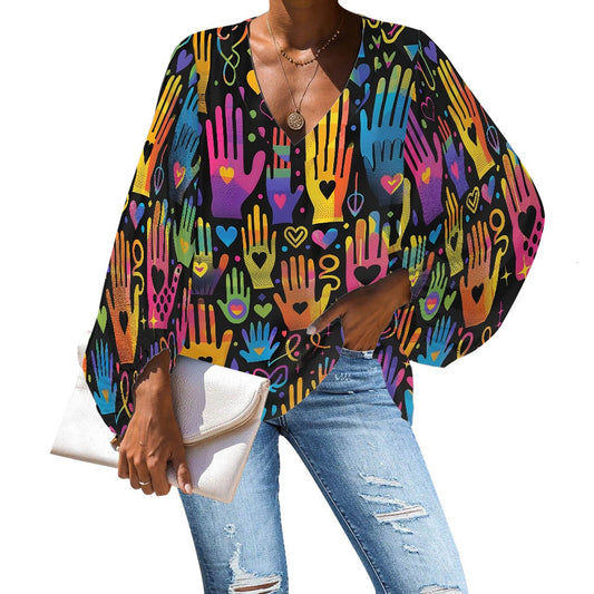 V-Neck Chiffon Puff Sleeve Blouse by Luxtrini