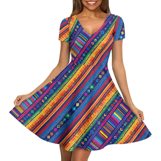 Women V-Neck Short Sleeve Ruffle Dress
