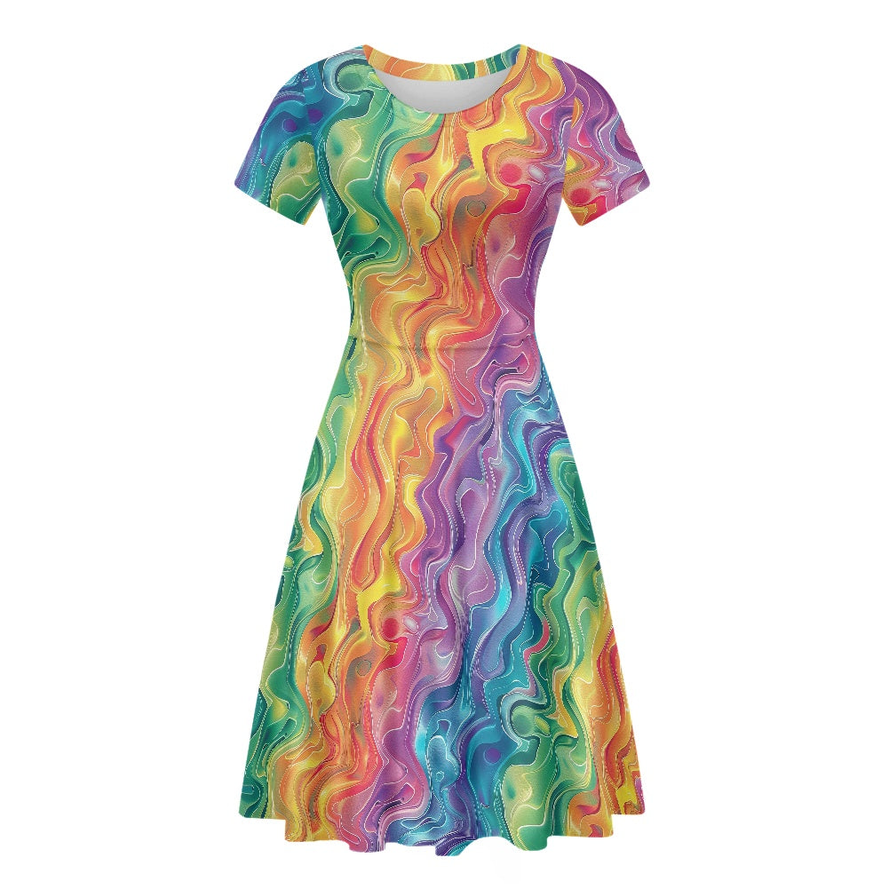 Women Scoop Neck Short Sleeve Ruffle Dress white