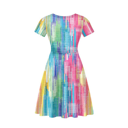 Rainbow Glitch Women V-Neck Short Sleeve Ruffle Dress