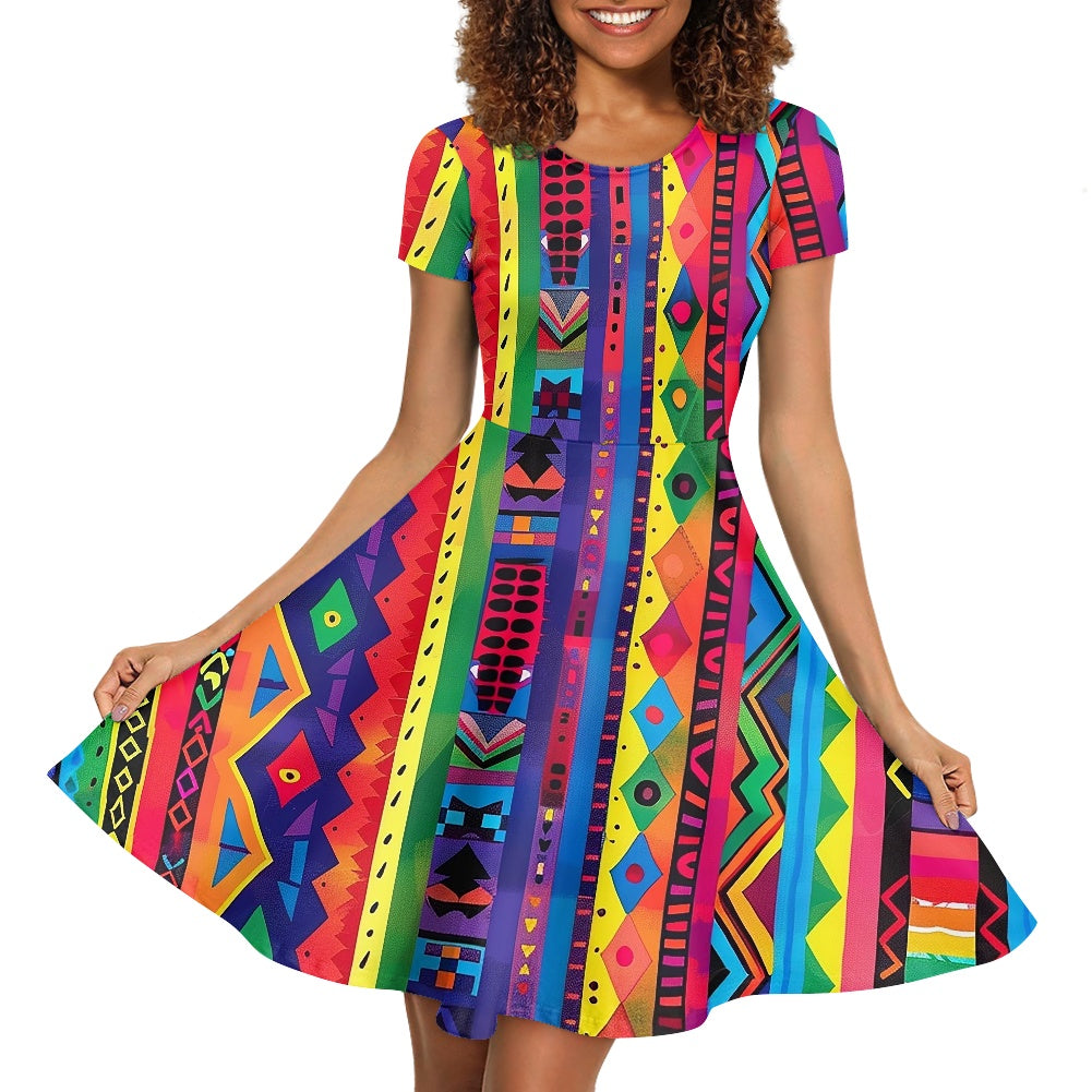 Women Scoop Neck Short Sleeve Ruffle Dress