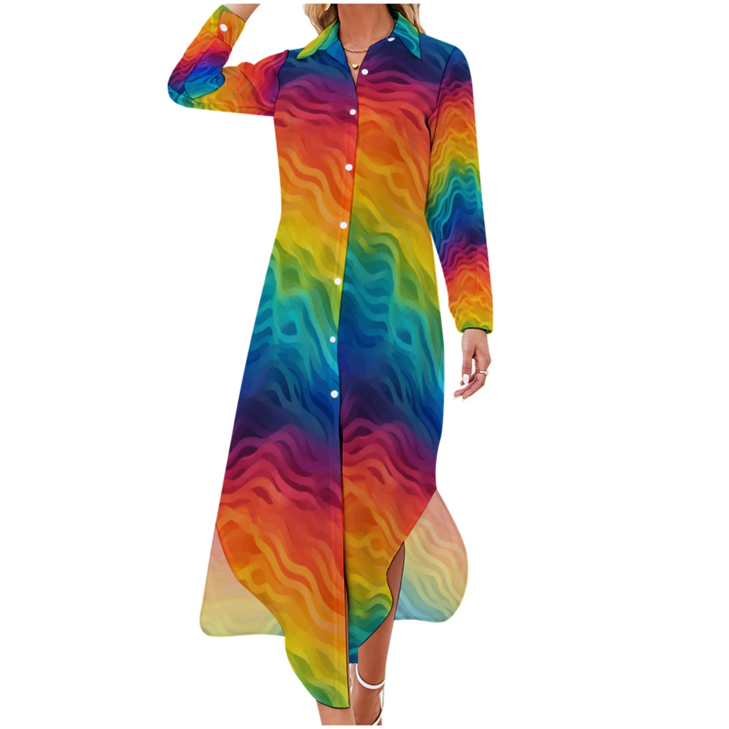 Rainbow Wave Midi Shirt Dress – Bold Abstract Print Long Sleeve Button Down Dress, Lightweight &amp; Flowy for Work, Travel, and Everyday Style