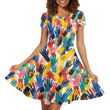 Women Scoop Neck Short Sleeve Ruffle Dress