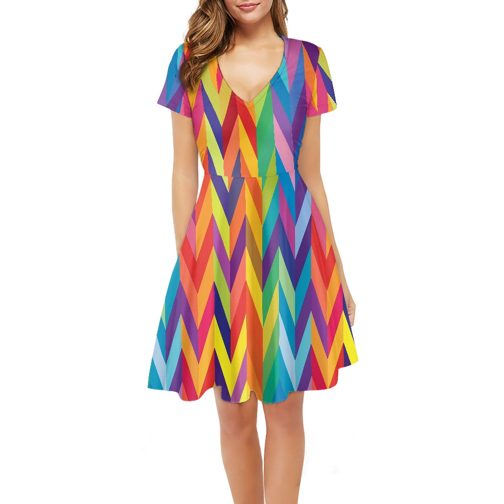 Rainbow Chevrons Women V-Neck Short Sleeve Ruffle Dress