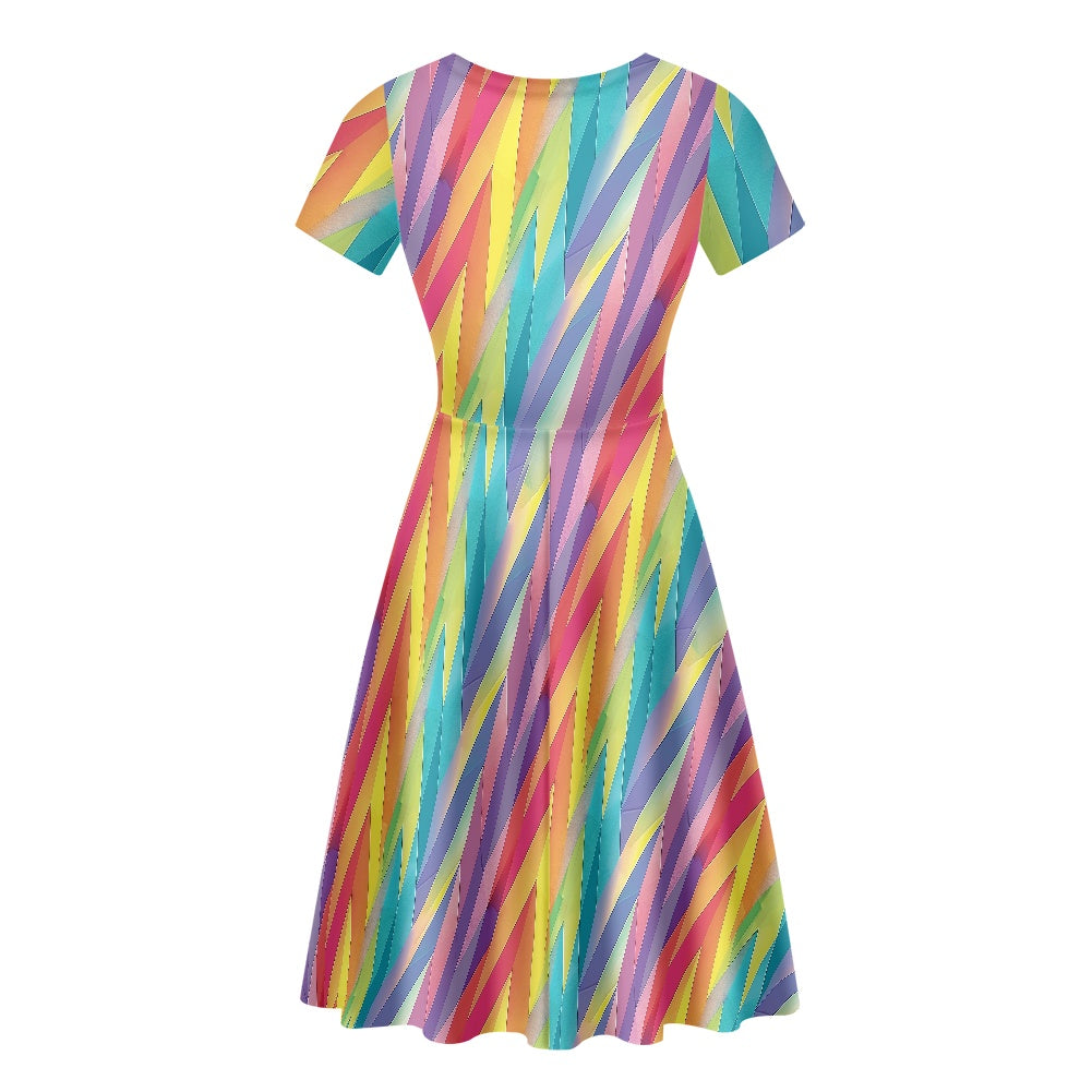 Pastel Chevron Rainbow Stripes Women Scoop Neck Short Sleeve Ruffle Dress