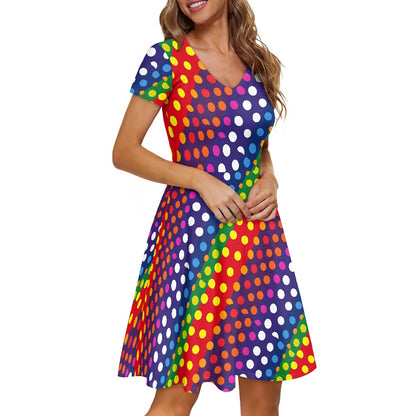 LGBTQ-Friendly Rainbow Polka Dot V-Neck Women Short Sleeve Ruffle Dress by Luxtrini