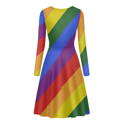 Rainbow V-Neck Long Sleeve Ruffle Dress