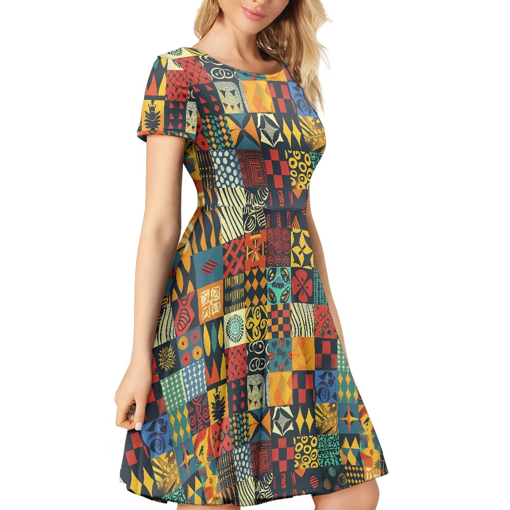 Women Scoop Neck Short Sleeve Ruffle Dress