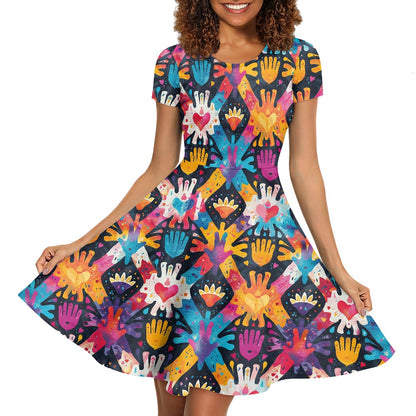 Women Scoop Neck Short Sleeve Ruffle Dress