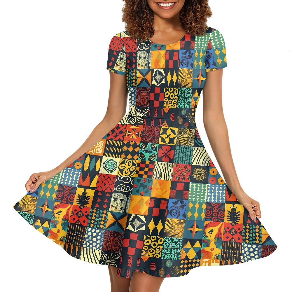 Women Scoop Neck Short Sleeve Ruffle Dress