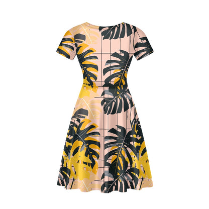 Tropical Monstera Women V-Neck Short Sleeve Ruffle Dress