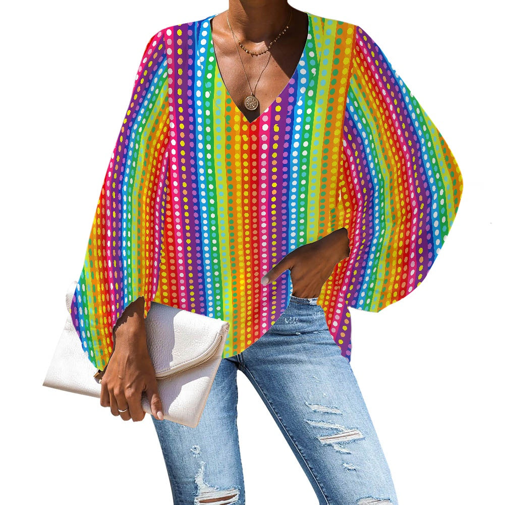 Rainbow Stripes with colored polka dots V-Neck Chiffon Puff Sleeve Blouse by Luxtrini