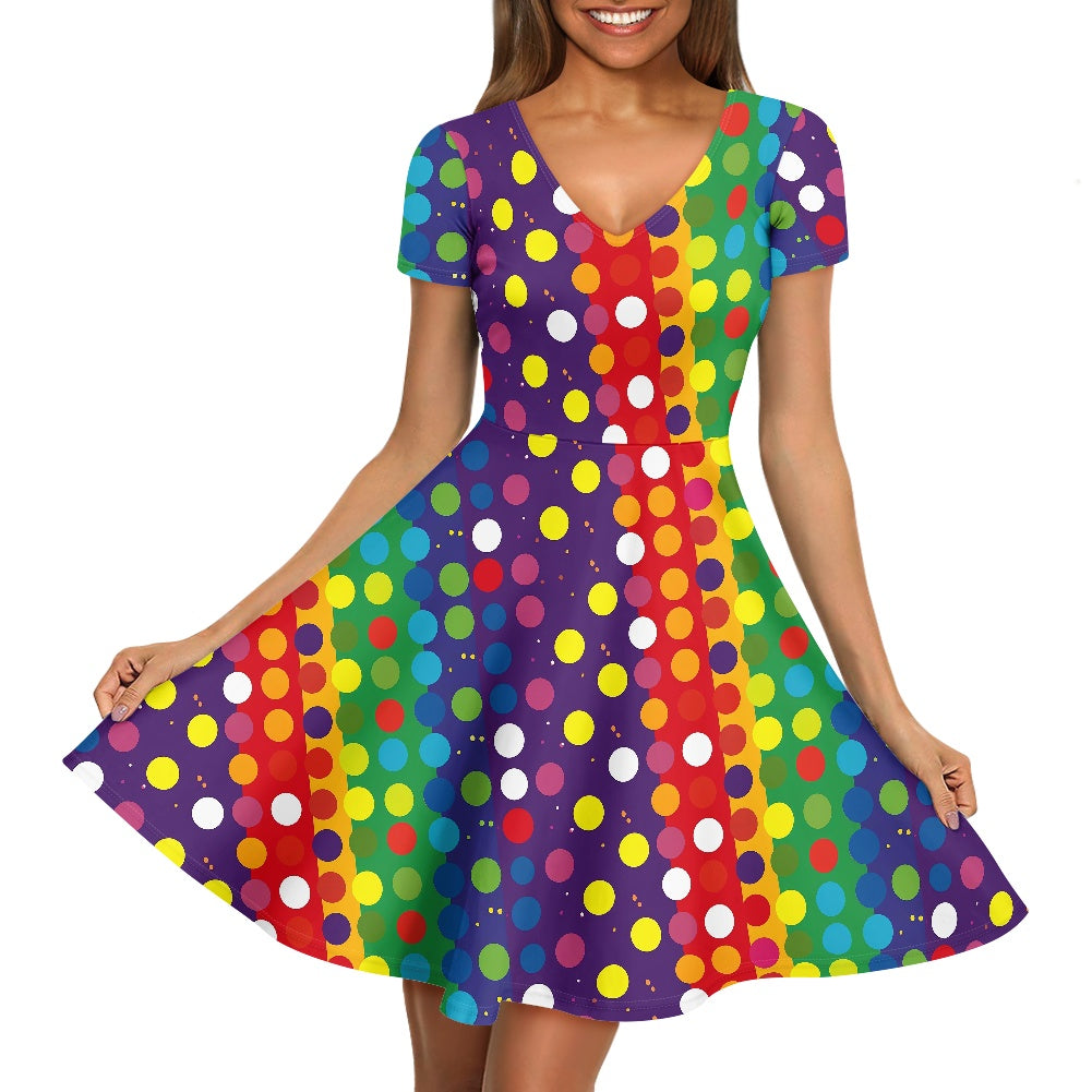 Polka Dot Rainbow Women V-Neck Short Sleeve Ruffle Dress