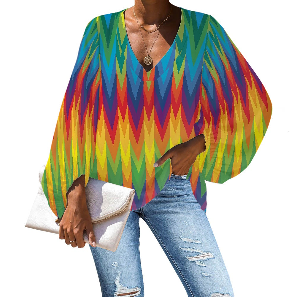 LGBTQ Rainbow Chevrons V-Neck Chiffon Puff Sleeve Blouse by Luxtrini