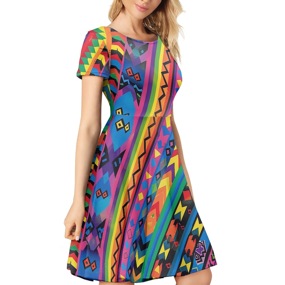 Women Scoop Neck Short Sleeve Ruffle Dress