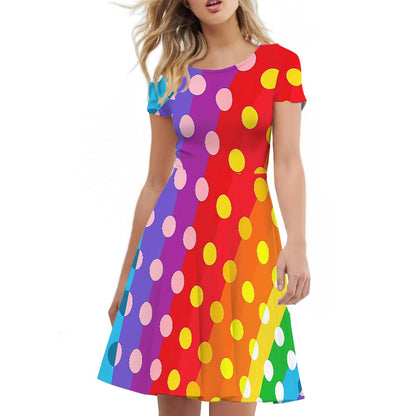 Rainbow Polka Dot Women Scoop Neck Short Sleeve Ruffle Dress
