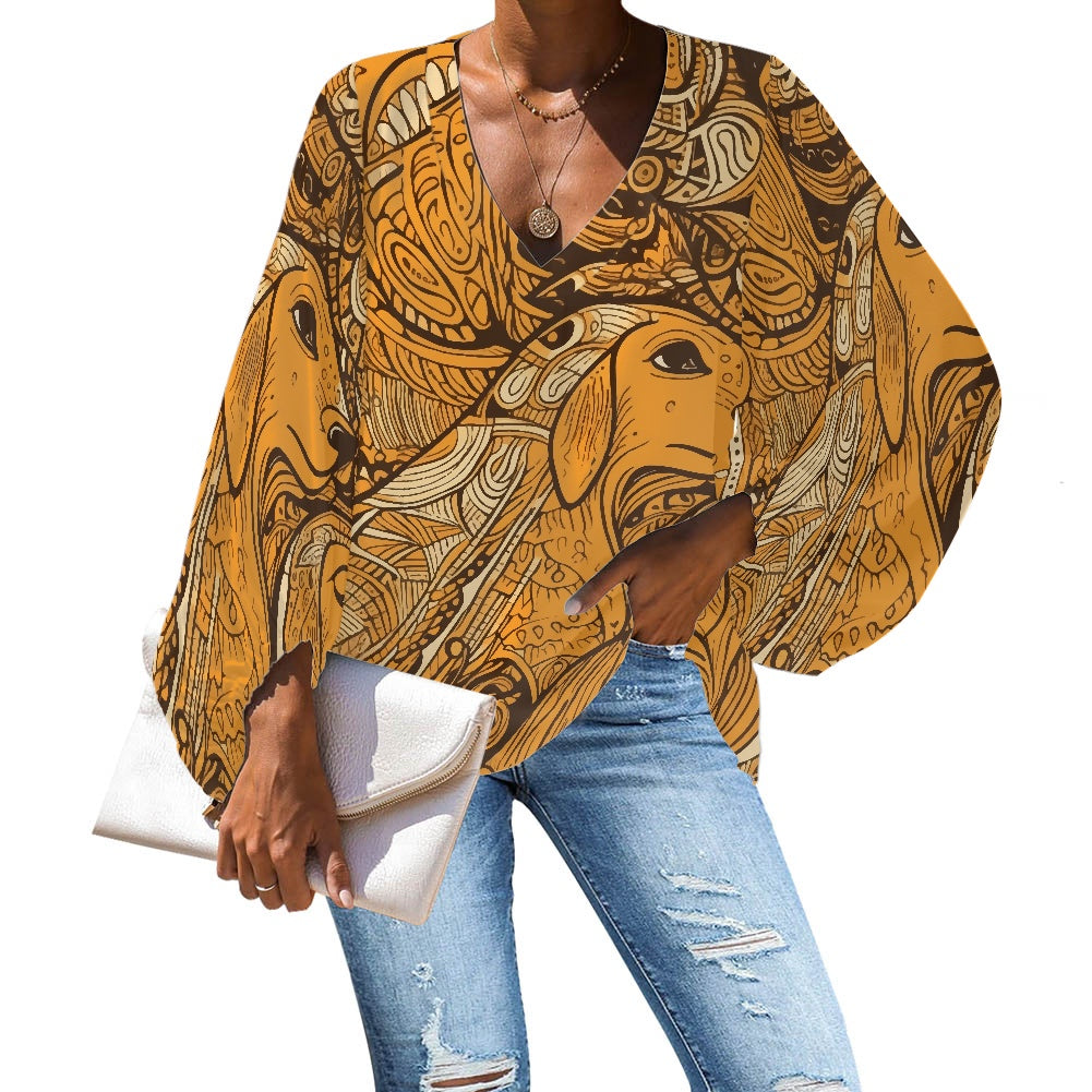 African Ethnic Dog pattern V-Neck Chiffon Puff Sleeve Blouse by Luxtrini 4XL