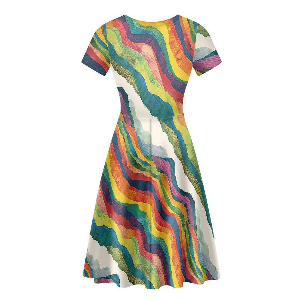 Women Scoop Neck Short Sleeve Ruffle Dress