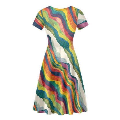 Women Scoop Neck Short Sleeve Ruffle Dress