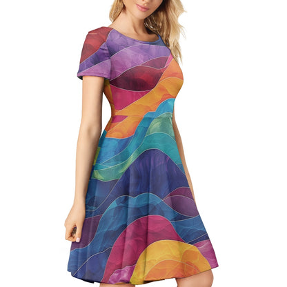 Women Scoop Neck Short Sleeve Ruffle Dress