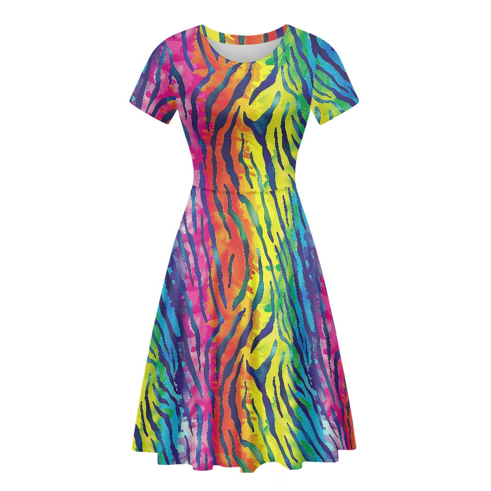 Rainbow Animal Print Women Scoop Neck Short Sleeve Ruffle Dress white