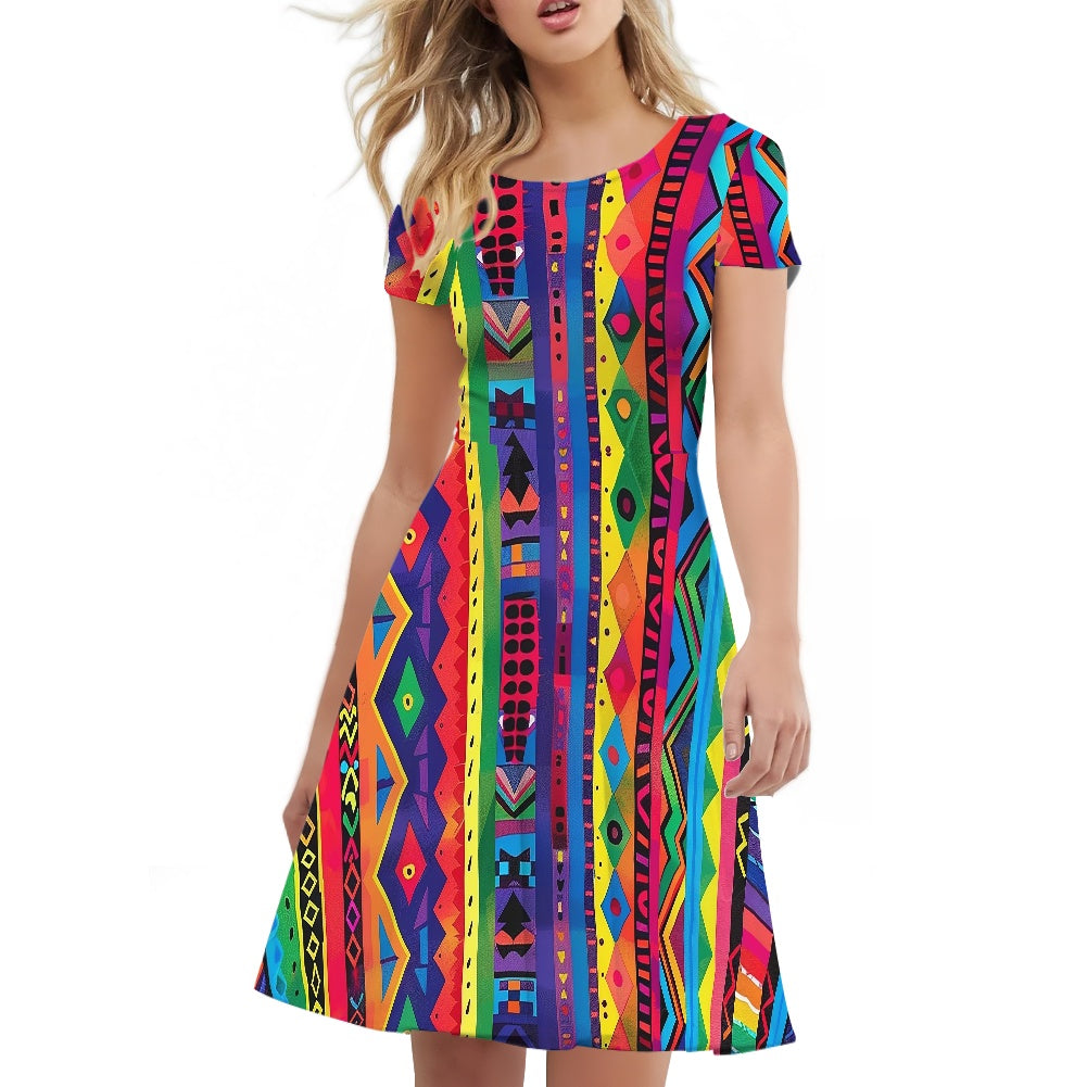 Women Scoop Neck Short Sleeve Ruffle Dress