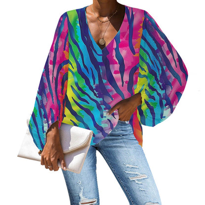 V-Neck Chiffon Puff Sleeve Blouse with Rainbow Animal Prints – Bold and Stylish by Luxtrini