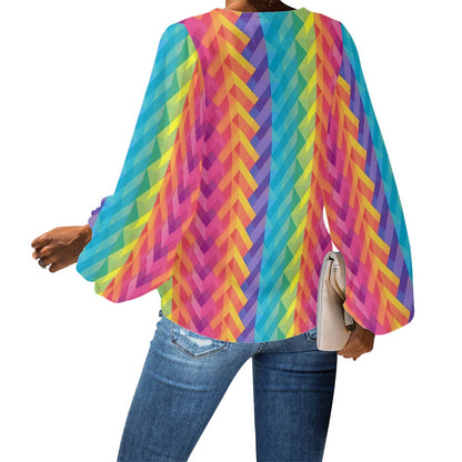 V-Neck Chiffon Puff Sleeve Blouse with Geometric Rainbow Patterns – Bold and Stylish by Luxtrini