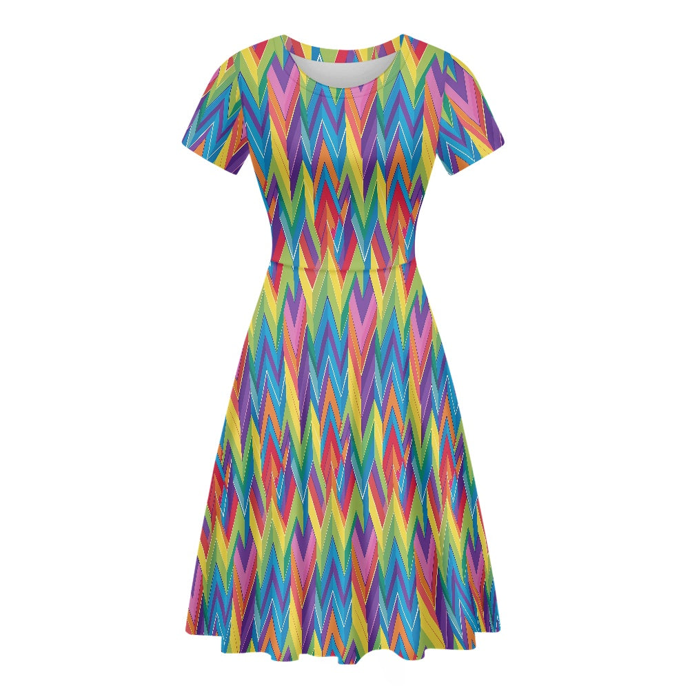 LGBTQ Rainbow Chevron Women Scoop Neck Short Sleeve Ruffle Dress