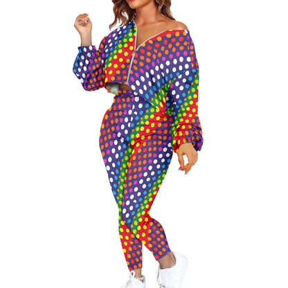 LGBTQ-Friendly Rainbow Polka Dot Trendy Two-Piece Set: Cropped Off-Shoulder Jacket and High-Waisted Leggings by Luxtrini