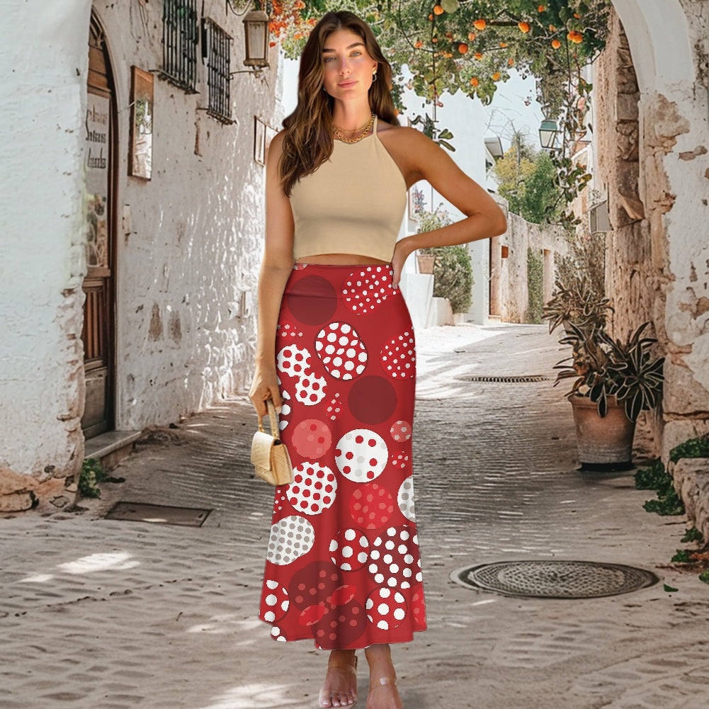 Red Polka Dot High Waist Long Skirt for Women