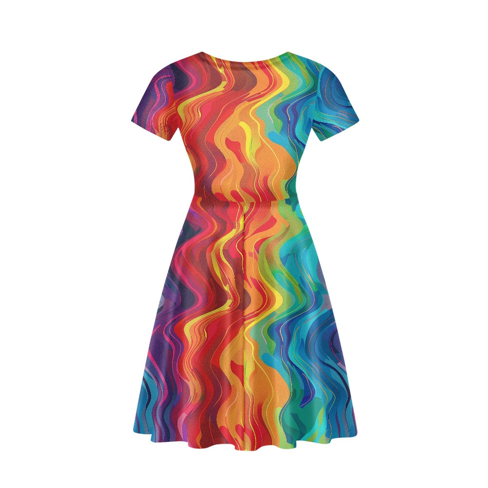 Women V-Neck Short Sleeve Ruffle Dress