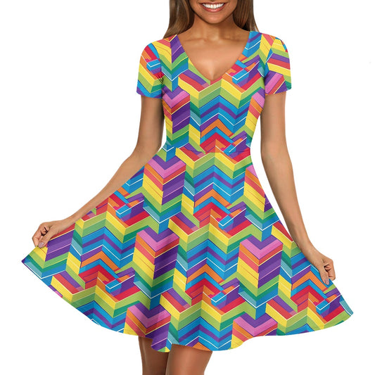 Rainbow Geometric Women V-Neck Short Sleeve Ruffle Dress