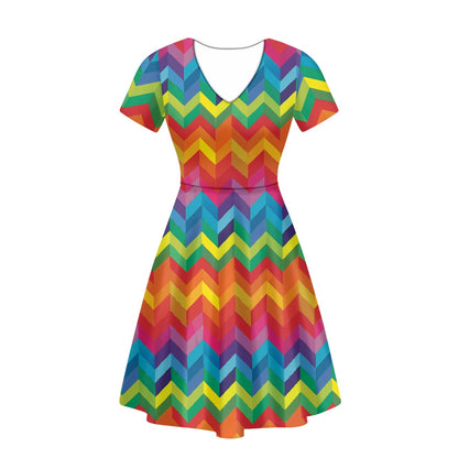 Rainbow Chevron Women V-Neck Short Sleeve Ruffle Dress white
