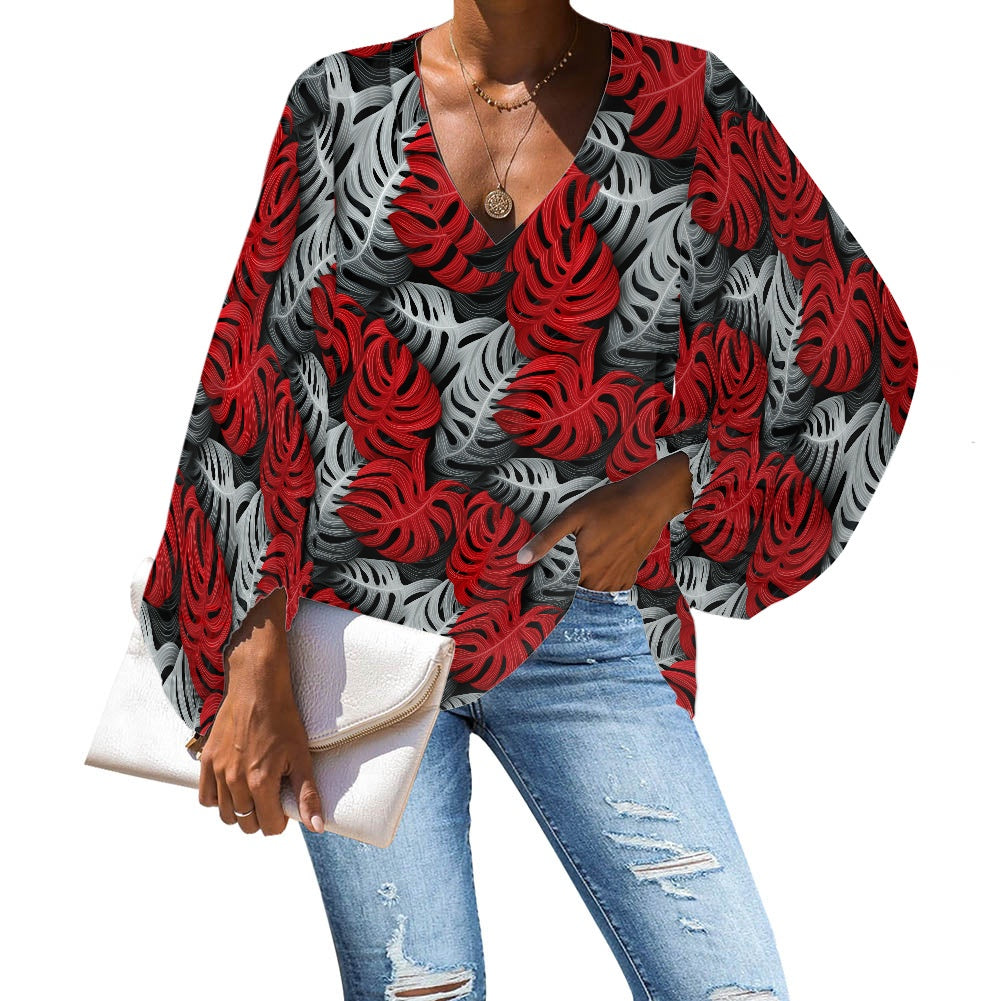 Tropical Red and Gray Monstera V-Neck Chiffon Puff Sleeve Blouse by Luxtrini 4XL