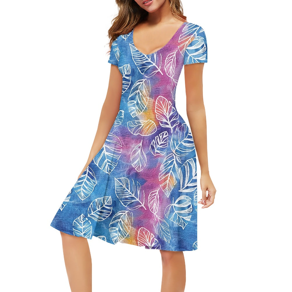 Blue and Purple Leaves Women V-Neck Short Sleeve Ruffle Dress