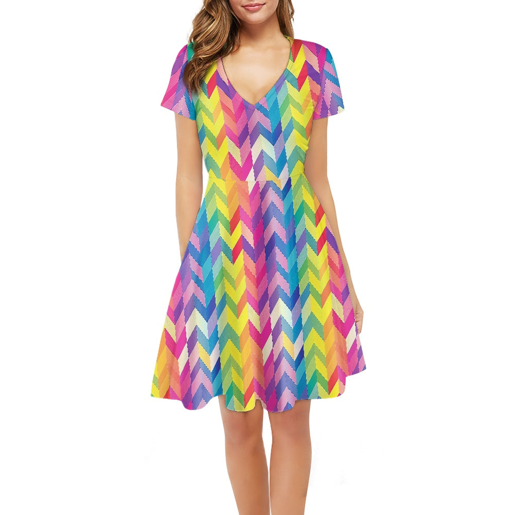 Women V-Neck Short Sleeve Ruffle Dress