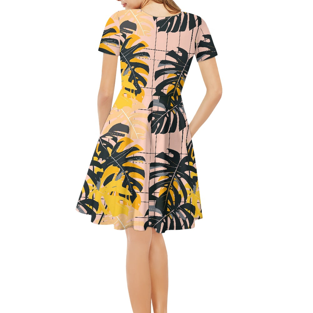Tropical Monstera Women V-Neck Short Sleeve Ruffle Dress