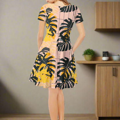 Tropical Monstera Women V-Neck Short Sleeve Ruffle Dress