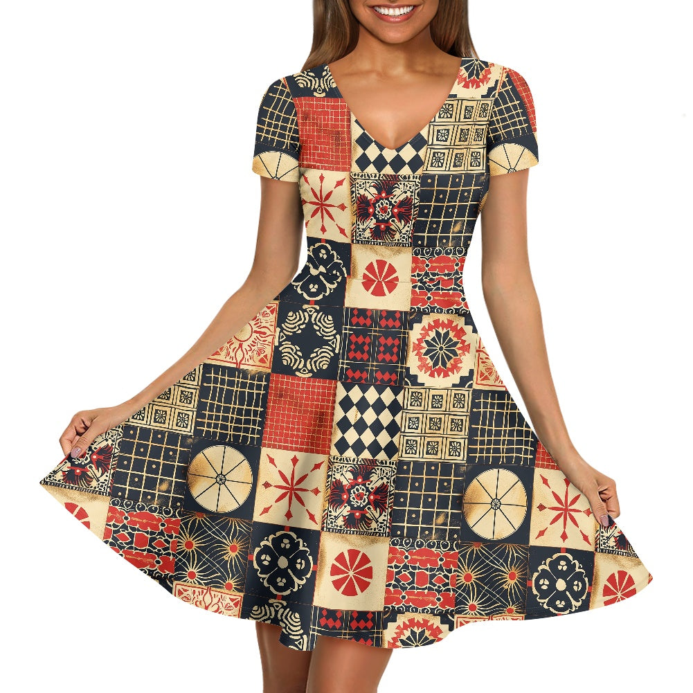 Women V-Neck Short Sleeve Ruffle Dress