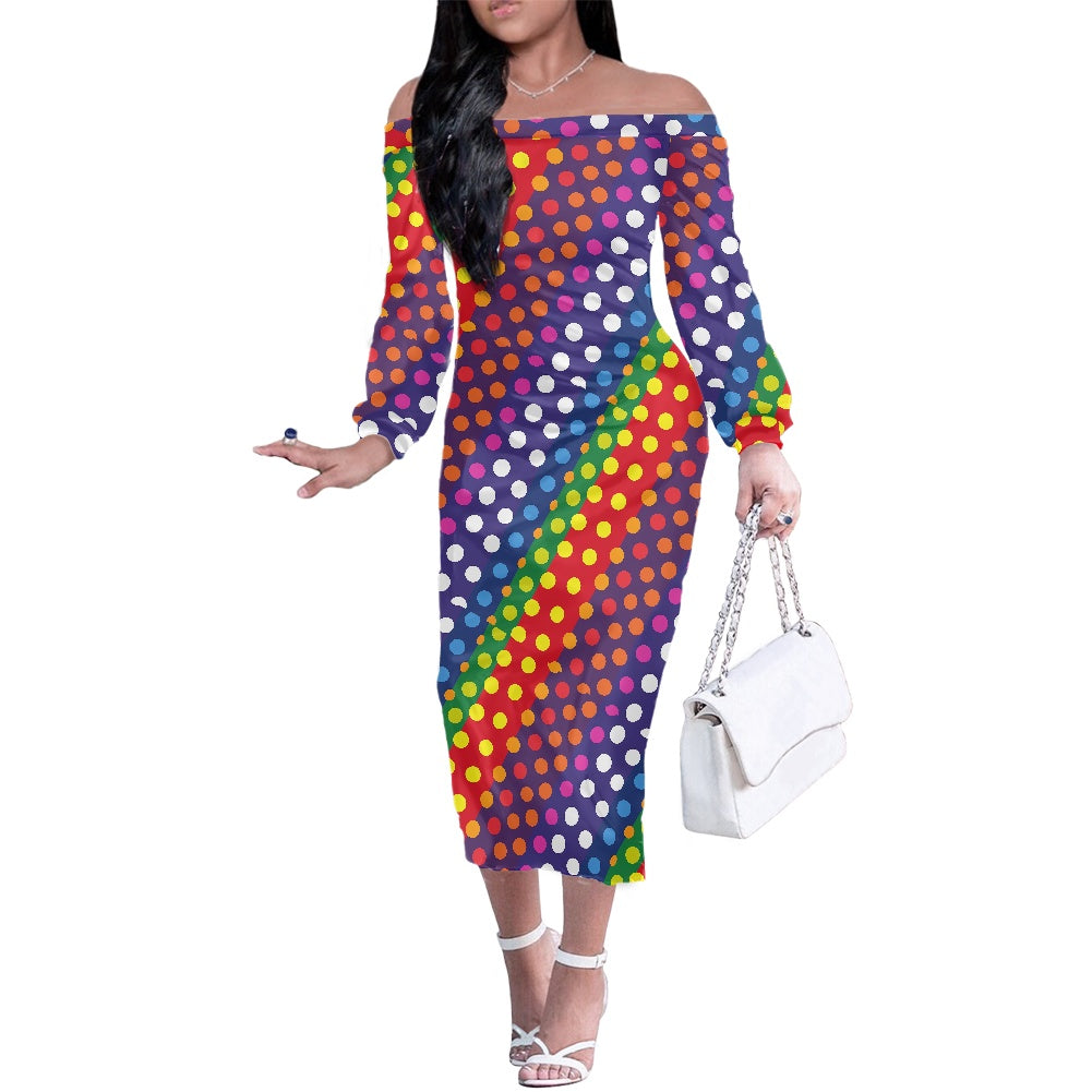 LGBTQ-Friendly Rainbow Polka Dot Women's Off The Shoulder Long Sleeve Midi Dress by Luxtrini white