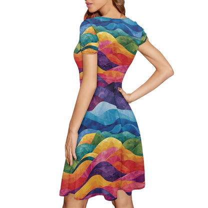 Women Scoop Neck Short Sleeve Ruffle Dress