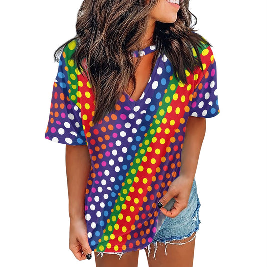 LGBTQ-Friendly Rainbow Polka Dot All-Over Print Women Short sleeve hollow-out loose fit top's Hollow Chest Keyhole V-Neck by Luxtrini white