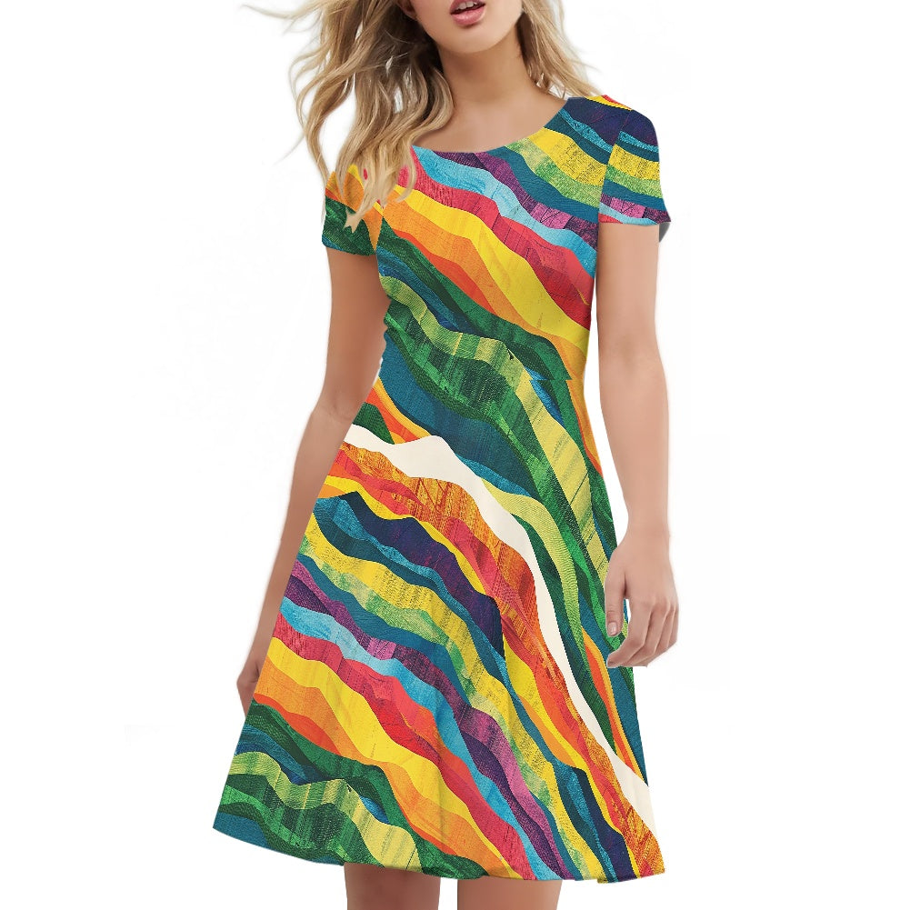 Women Scoop Neck Short Sleeve Ruffle Dress