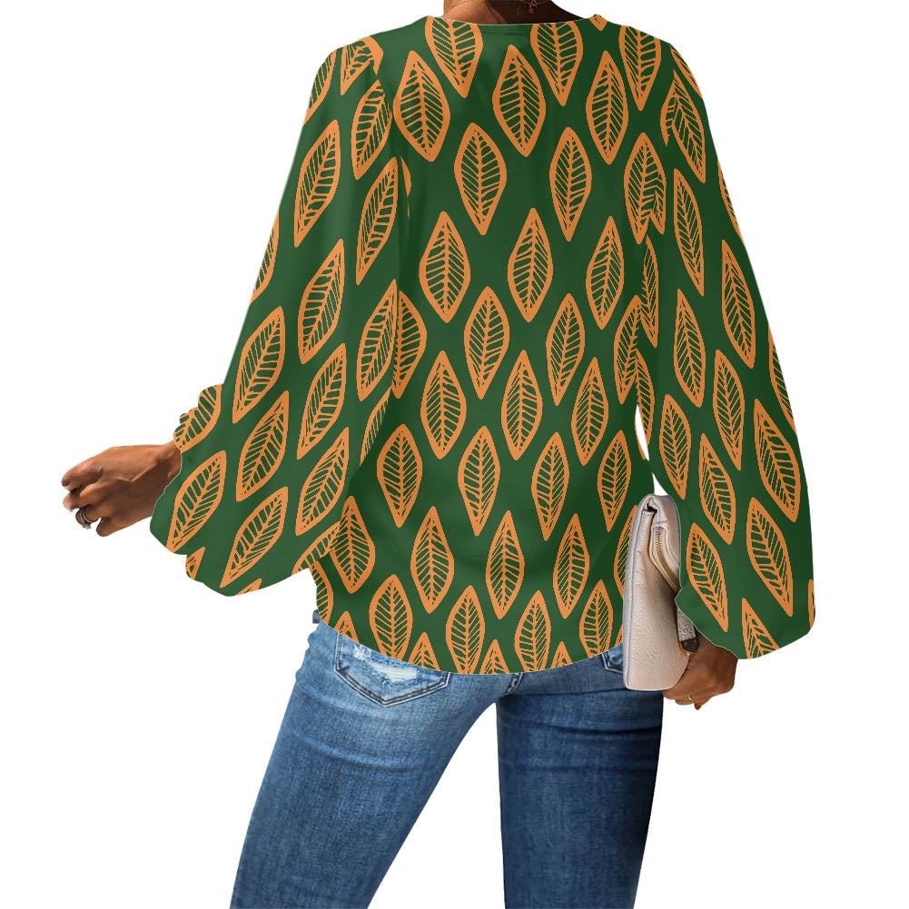 Green and Orange Mudcloth V-Neck Chiffon Puff Sleeve Blouse by Luxtrini