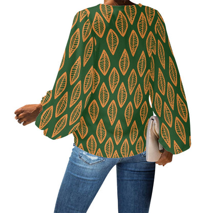 Green and Orange Mudcloth V-Neck Chiffon Puff Sleeve Blouse by Luxtrini